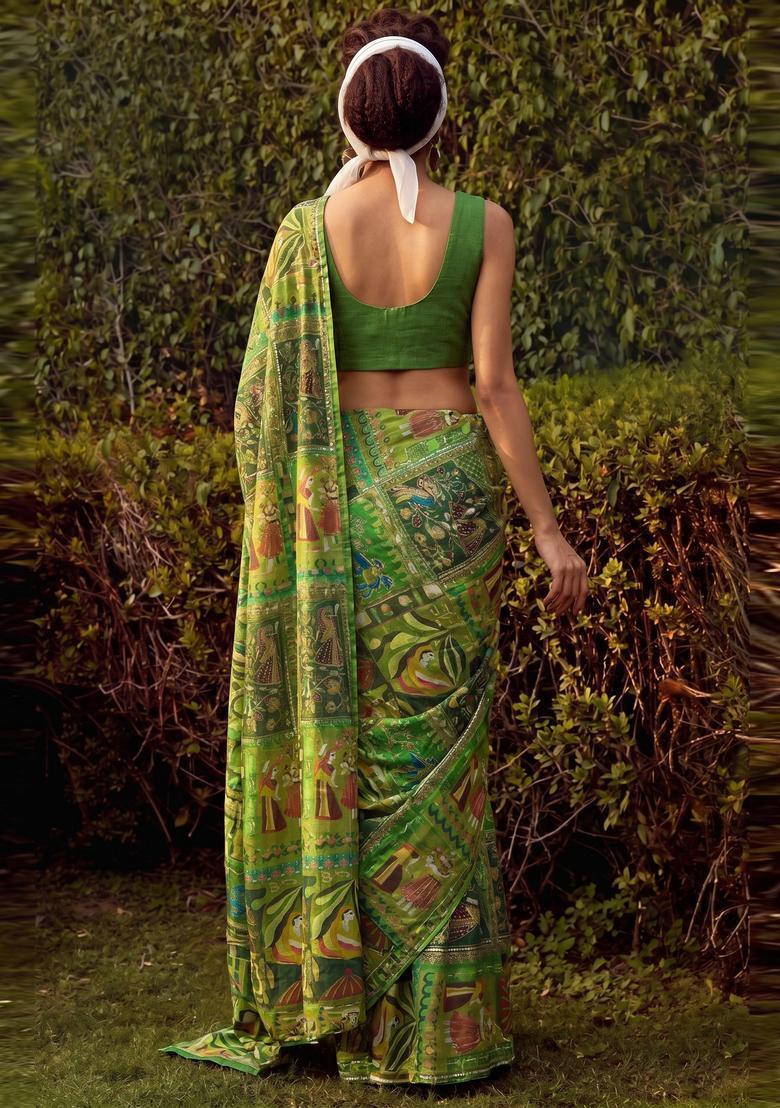 Leaf Green Printed Crepe Pre Draped Saree Set - Indya