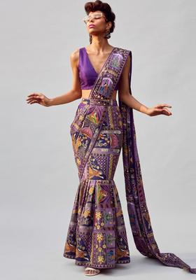 Deep Purple Printed Crepe Pre Draped Saree Set
