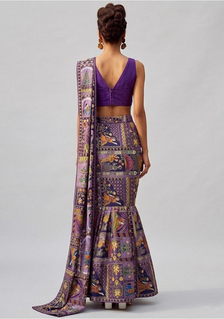 Deep Purple Printed Crepe Pre Draped Saree Set - Indya