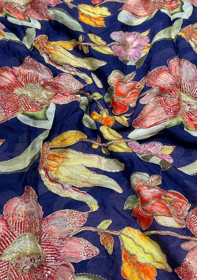 Navy Blue Embroidered Chinon Pre Draped Saree Set - Indya