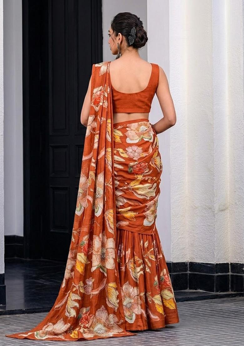Rust Embroidered Chinon Pre Draped Saree Set - Indya