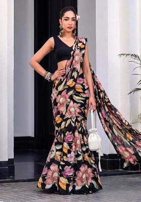Black Embroidered Chinon Pre Draped Saree Set