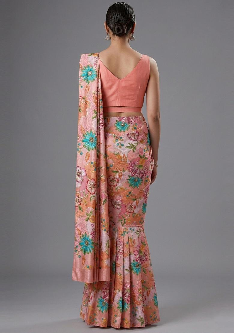 Peach Printed Crepe Pre Draped Saree Set - Indya