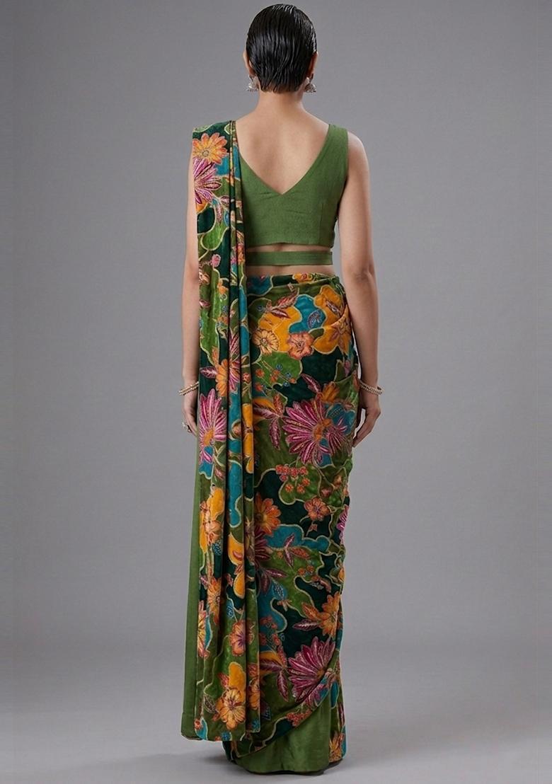 Olive Green Printed Crepe Pre Draped Saree Set - Indya