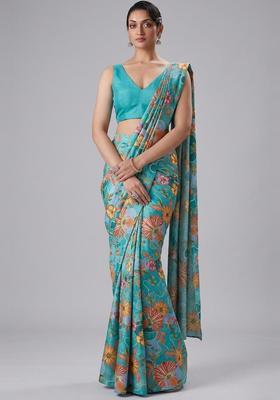Turquoise Blue Printed Crepe Pre Draped Saree Set