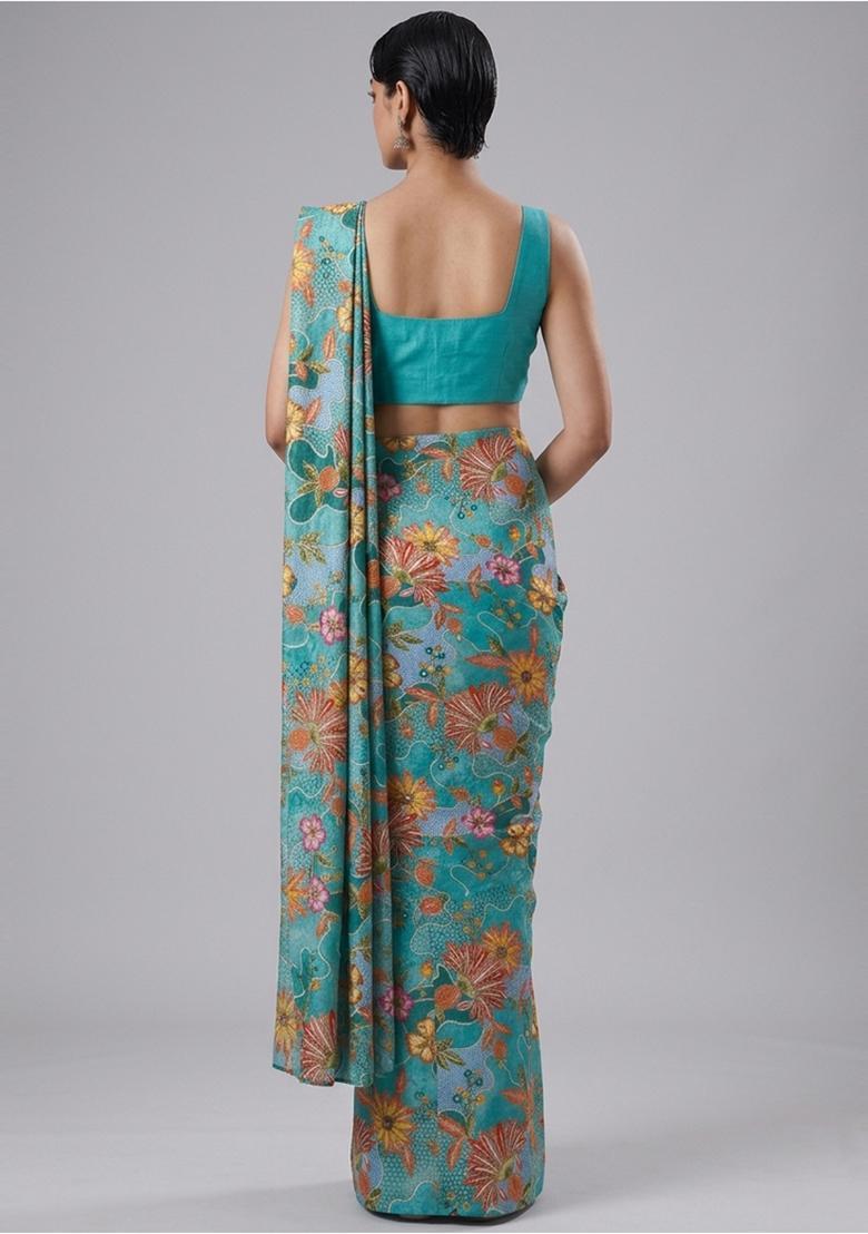 Turquoise Blue Printed Crepe Pre Draped Saree Set - Indya