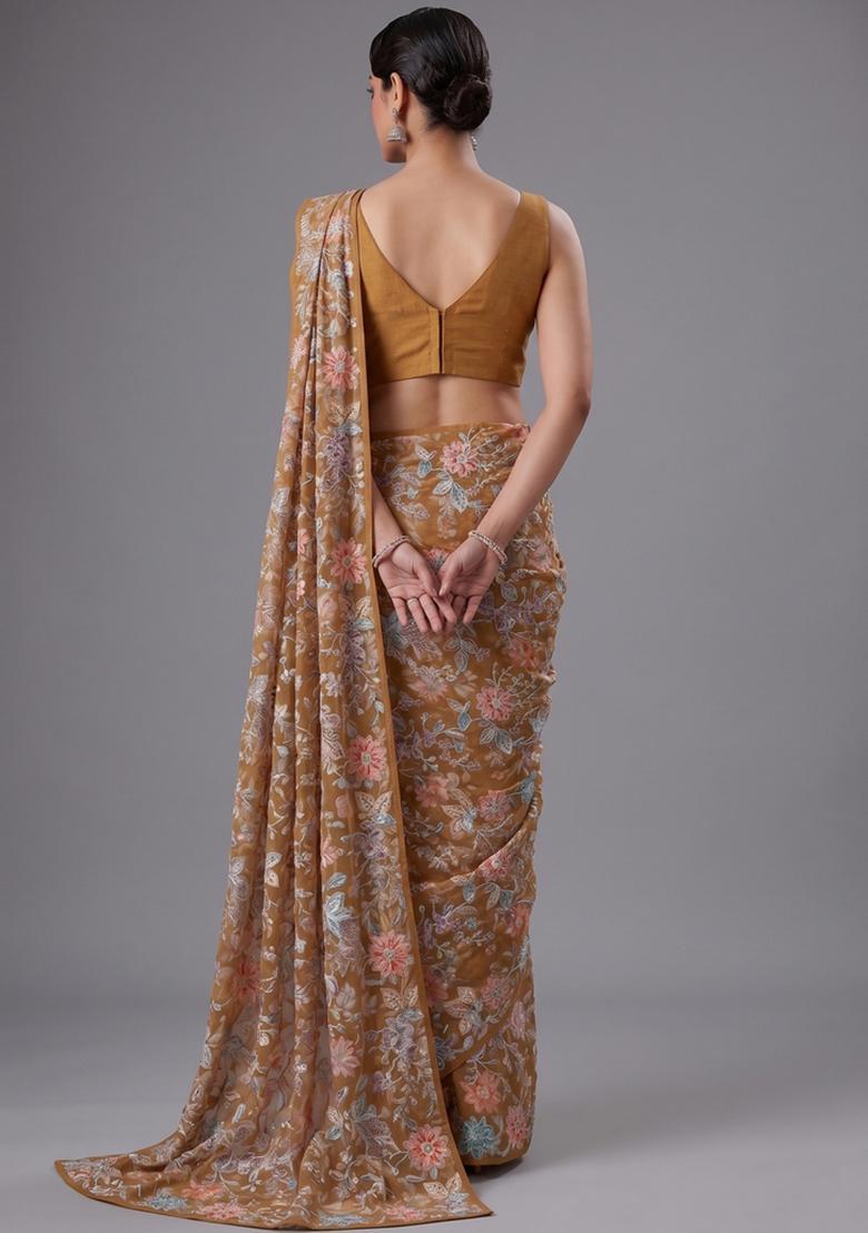 Brown Embroidered Crepe Pre Draped Saree Set - Indya