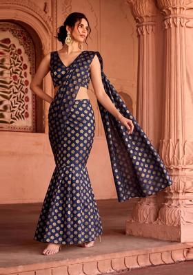 Navy Blue Brocade Pre Draped Saree Set