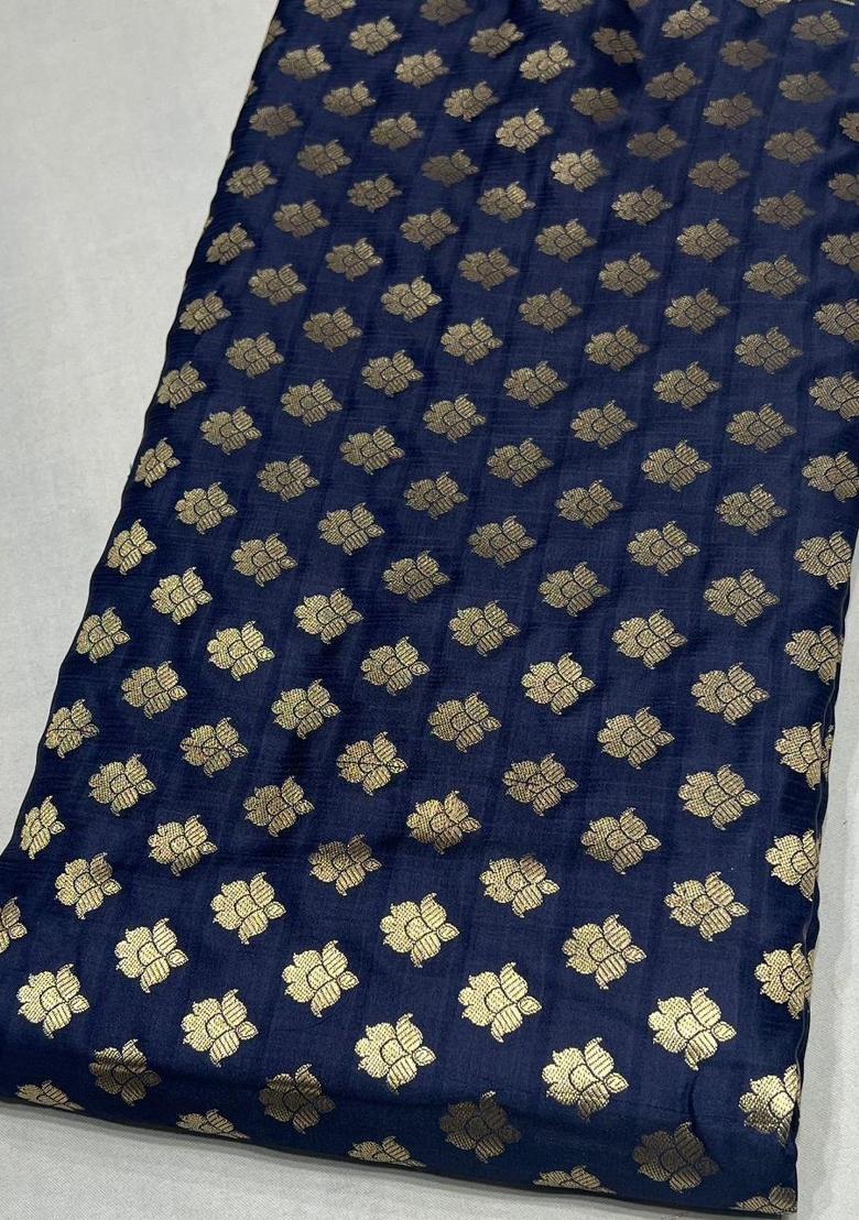 Navy Blue Brocade Pre Draped Saree Set - Indya