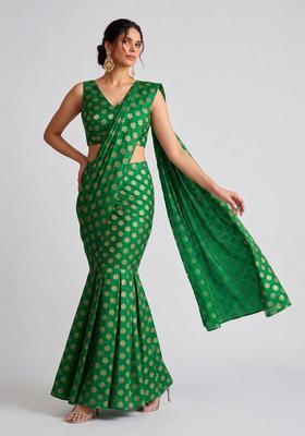 Emerald Green Brocade Pre Draped Saree Set