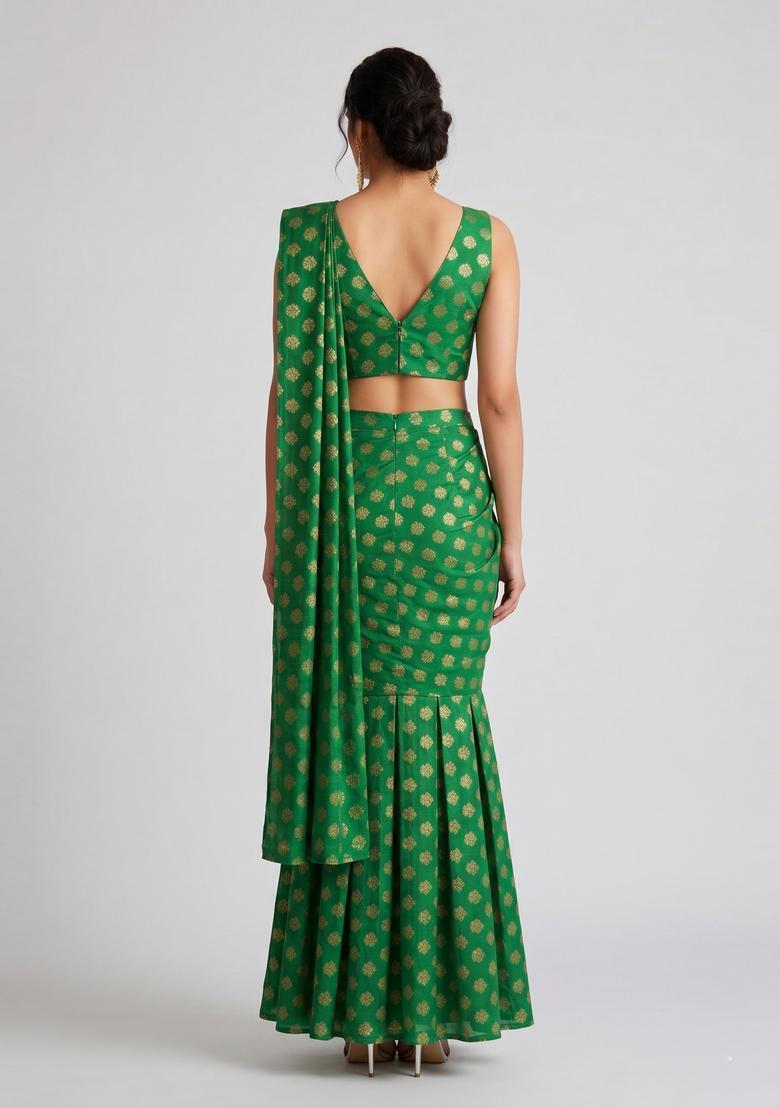 Emerald Green Brocade Pre Draped Saree Set - Indya