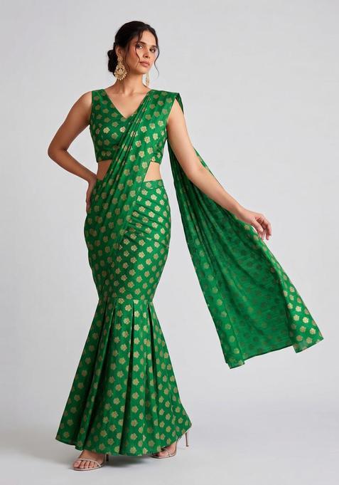 Emerald Green Brocade Pre Draped Saree Set