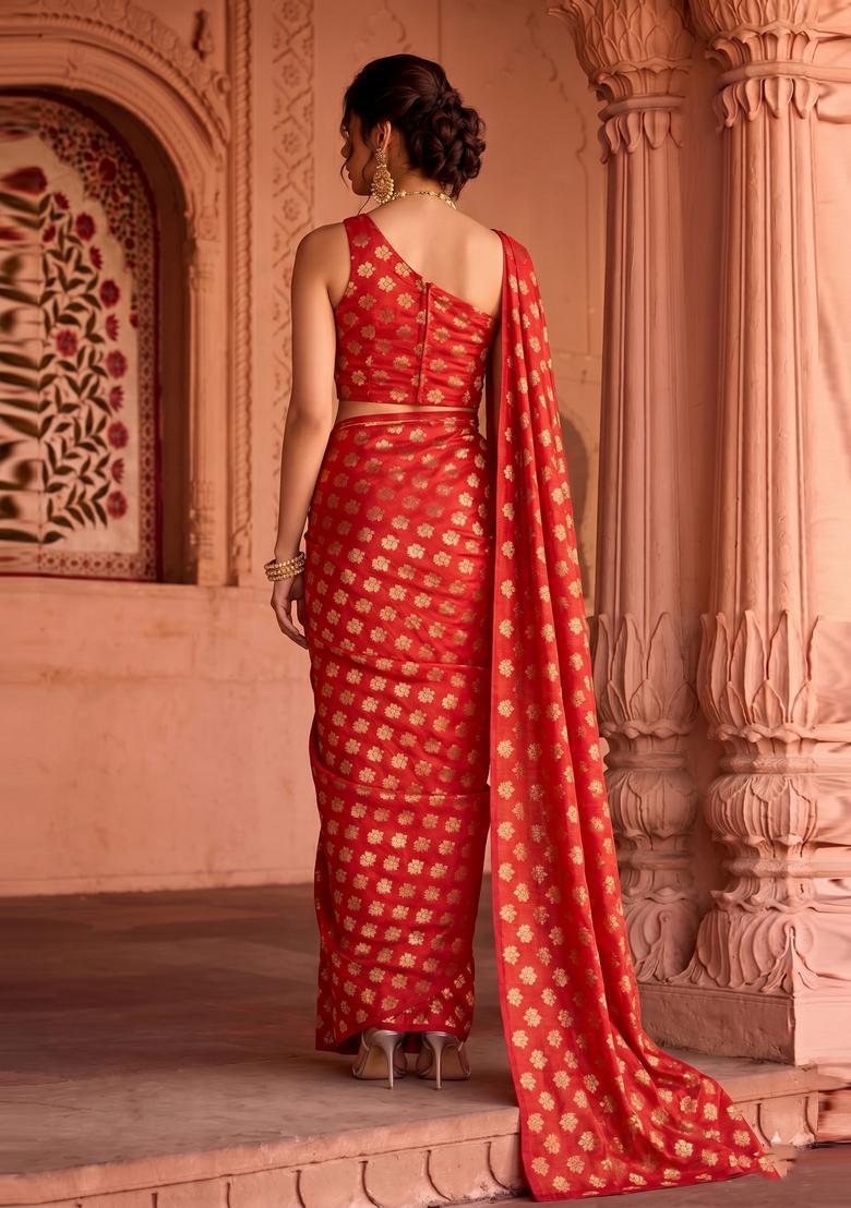 Red Brocade Pre Draped Saree Set - Indya