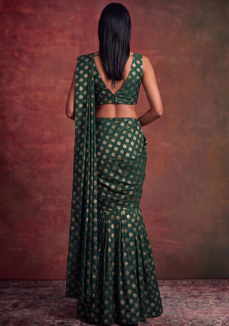 Dark Green Brocade Pre Draped Saree Set - Indya
