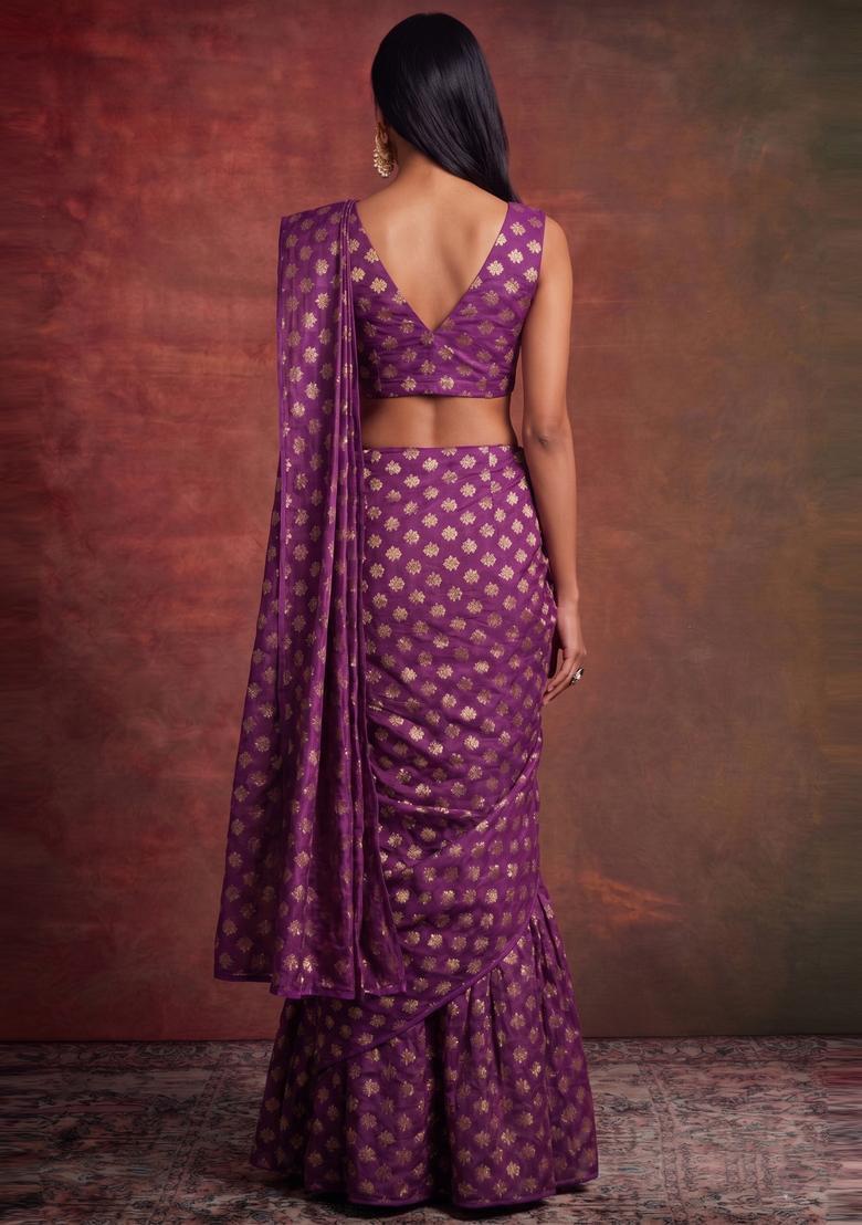 Deep Plum Embroidered Brocade Pre Draped Saree Set - Indya