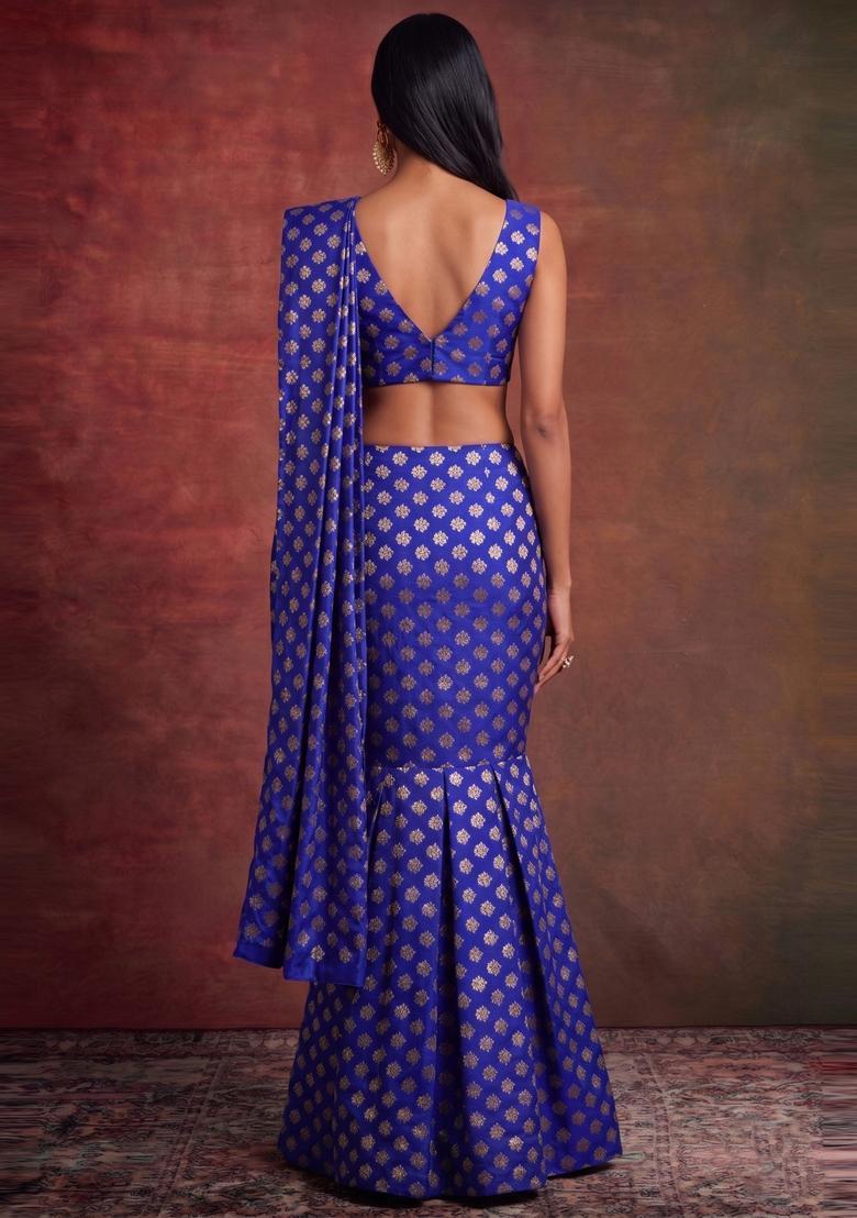 Royal Blue Embroidered Brocade Pre Draped Saree Set - Indya