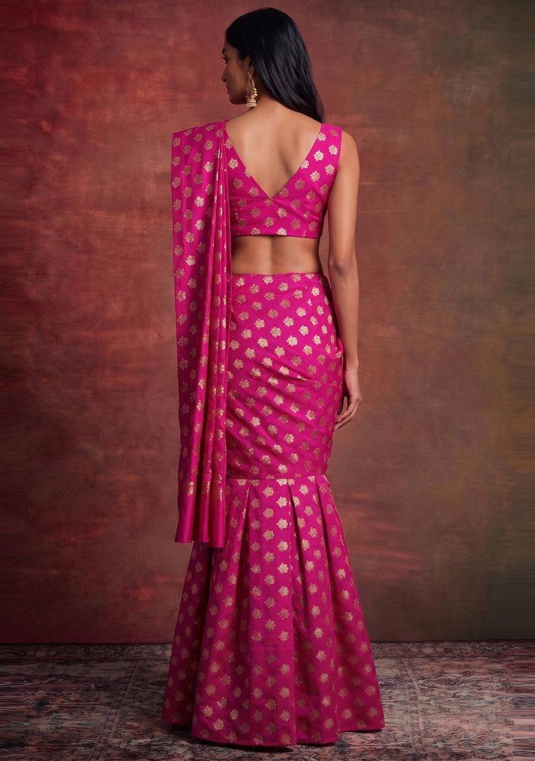 Magenta Embroidered Brocade Pre Draped Saree Set - Indya