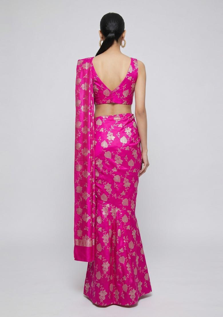 Fuchsia Pink Embroidered Silk Blend Pre Draped Saree Set - Indya