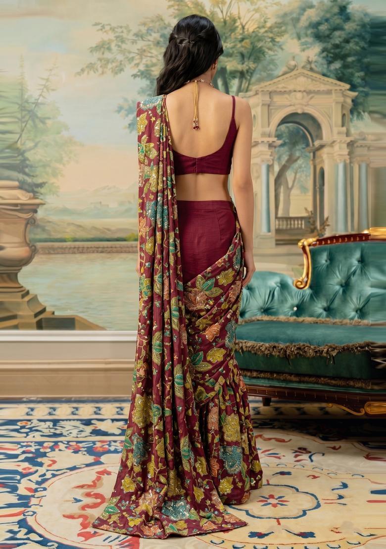 Maroon Embroidered Cosmos Pre Draped Saree Set - Indya