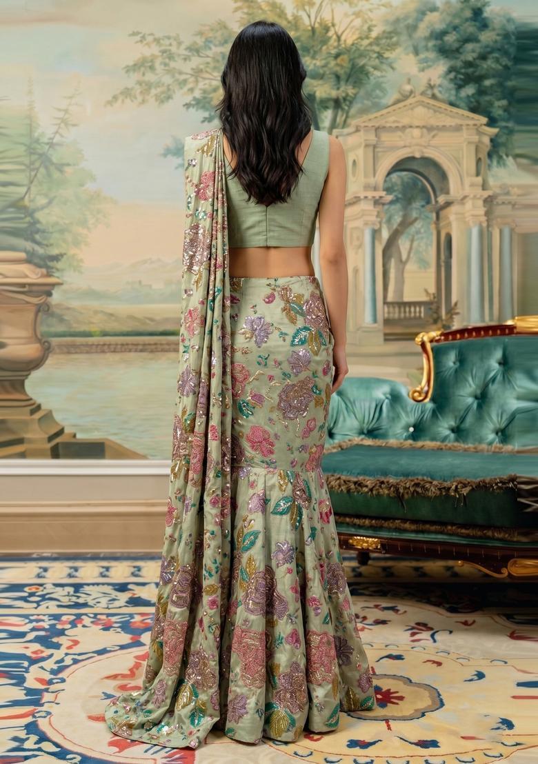 Sage Green Embroidered Cosmos Pre Draped Saree Set - Indya