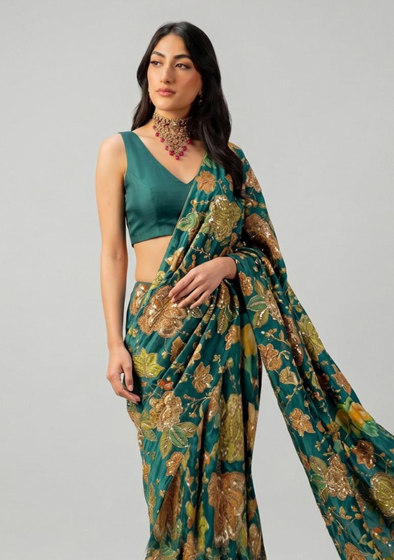 Emerald Green Embroidered Cosmos Pre Draped Saree Set - Indya