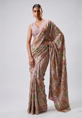 Dusty Pink Embroidered Cosmos Pre Draped Saree Set