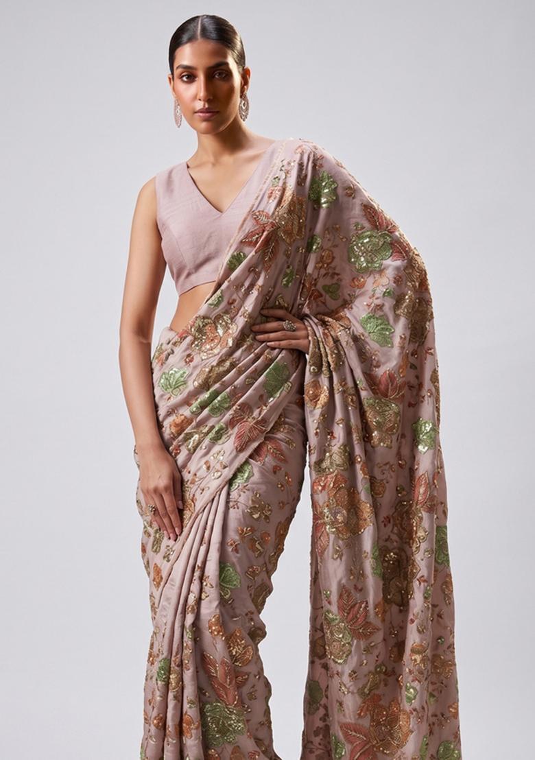 Dusty Pink Embroidered Cosmos Pre Draped Saree Set - Indya
