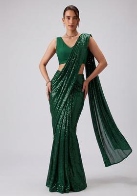 Emerald Green Embroidered Pre Draped Saree Set