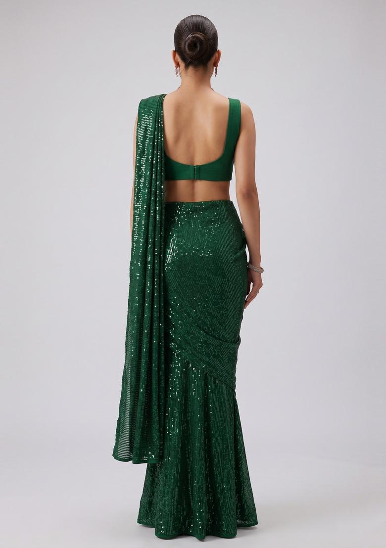 Emerald Green Embroidered Pre Draped Saree Set - Indya