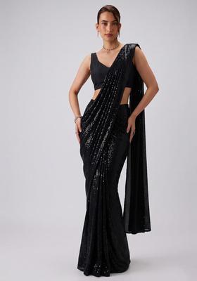 Black Embroidered Pre Draped Saree Set