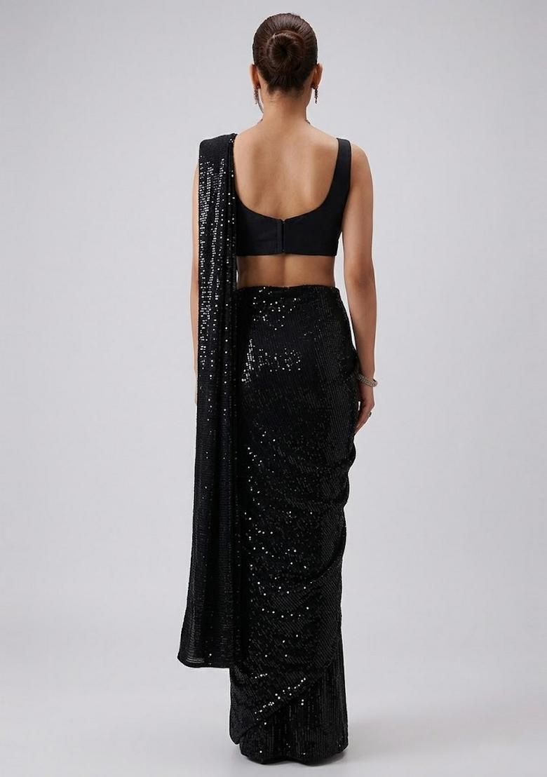 Black Embroidered Pre Draped Saree Set - Indya