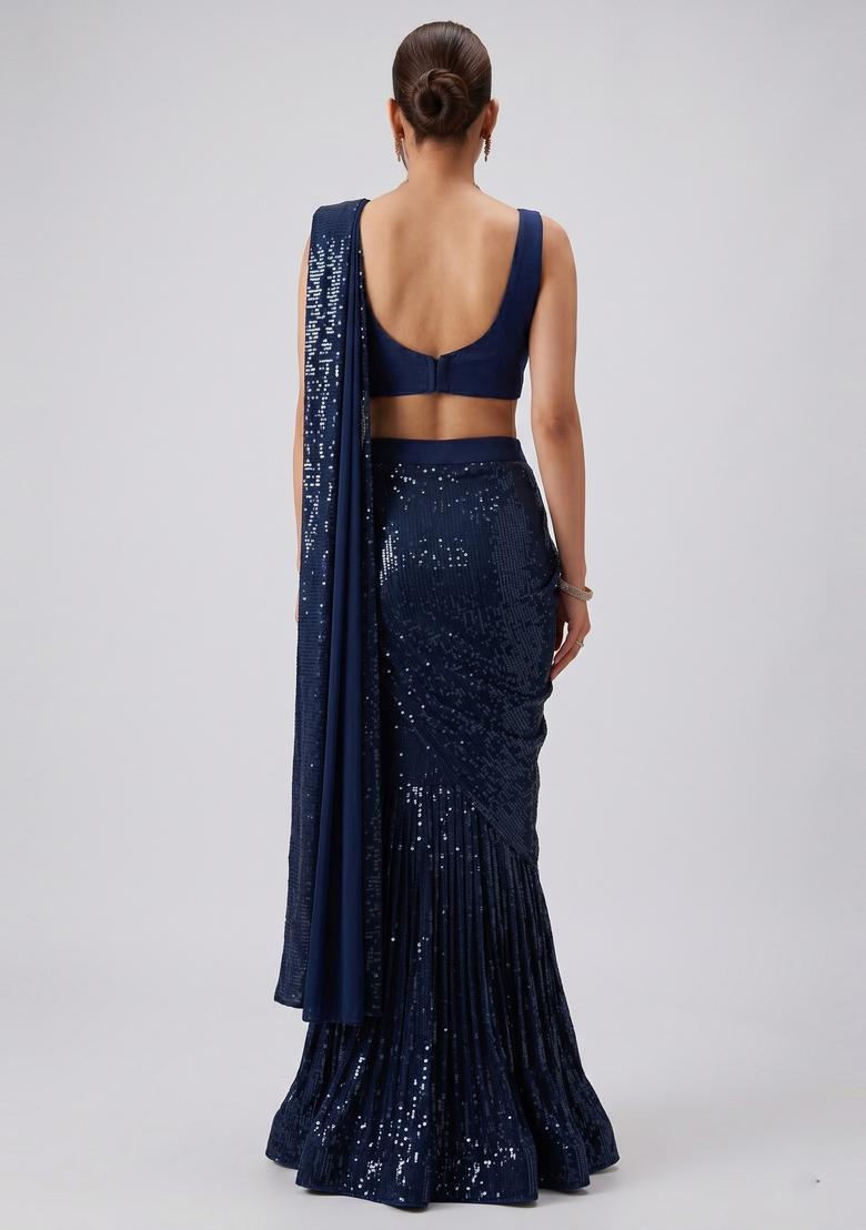 Navy Blue Embroidered Pre Draped Saree Set - Indya