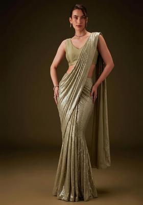 Olive Green Embroidered Pre Draped Saree Set