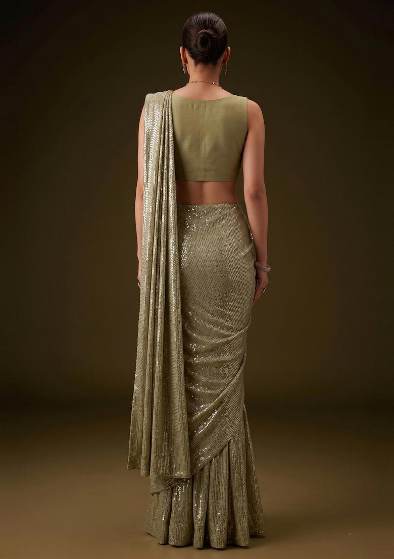 Olive Green Embroidered Pre Draped Saree Set - Indya