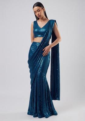 Royal Blue Embroidered Pre Draped Saree Set