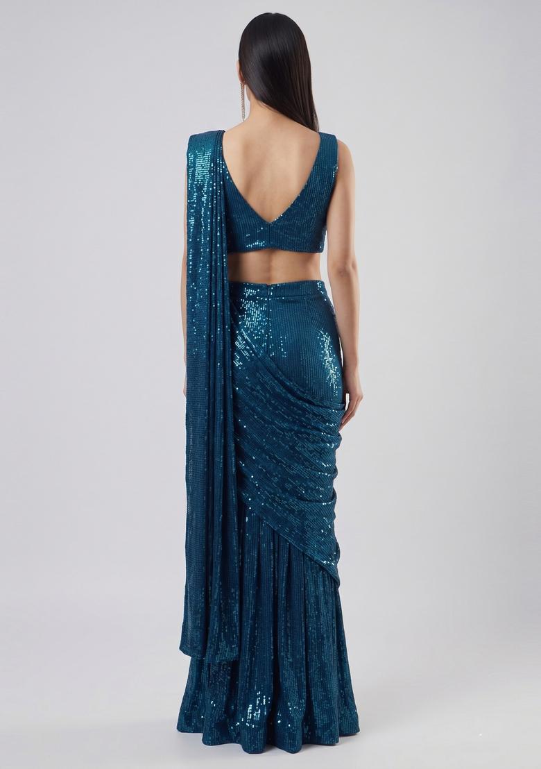 Royal Blue Embroidered Pre Draped Saree Set - Indya
