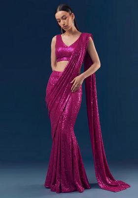 Magenta Embroidered Pre Draped Saree Set