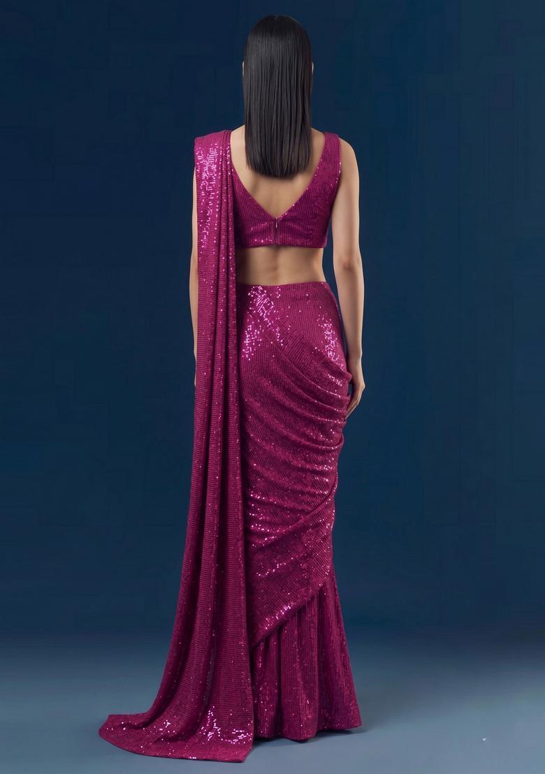 Magenta Embroidered Pre Draped Saree Set - Indya