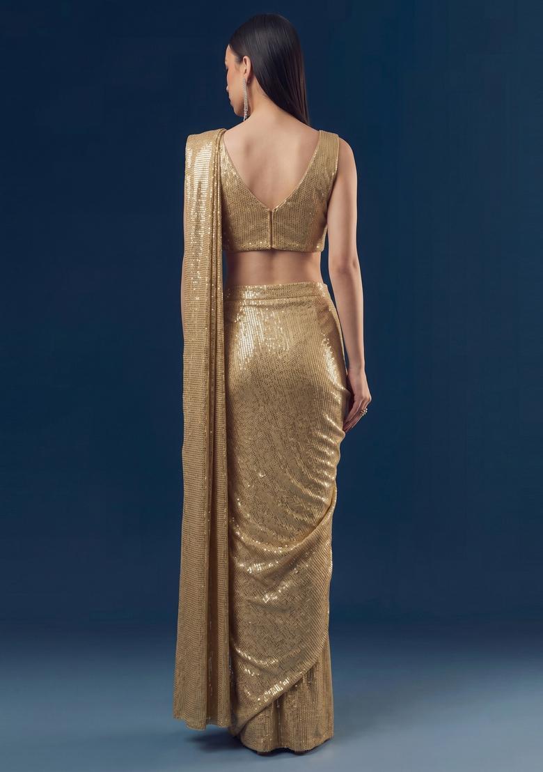 Gold Embroidered Pre Draped Saree Set - Indya