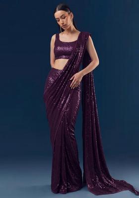 Deep Purple Embroidered Pre Draped Saree Set