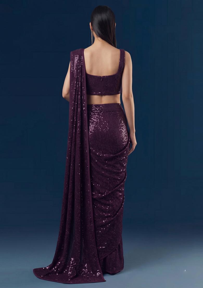 Deep Purple Embroidered Pre Draped Saree Set - Indya