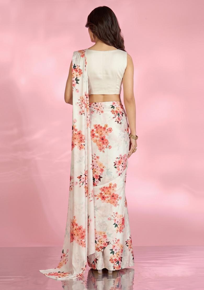Off White Printed Georgette Pre Draped Saree Set - Indya