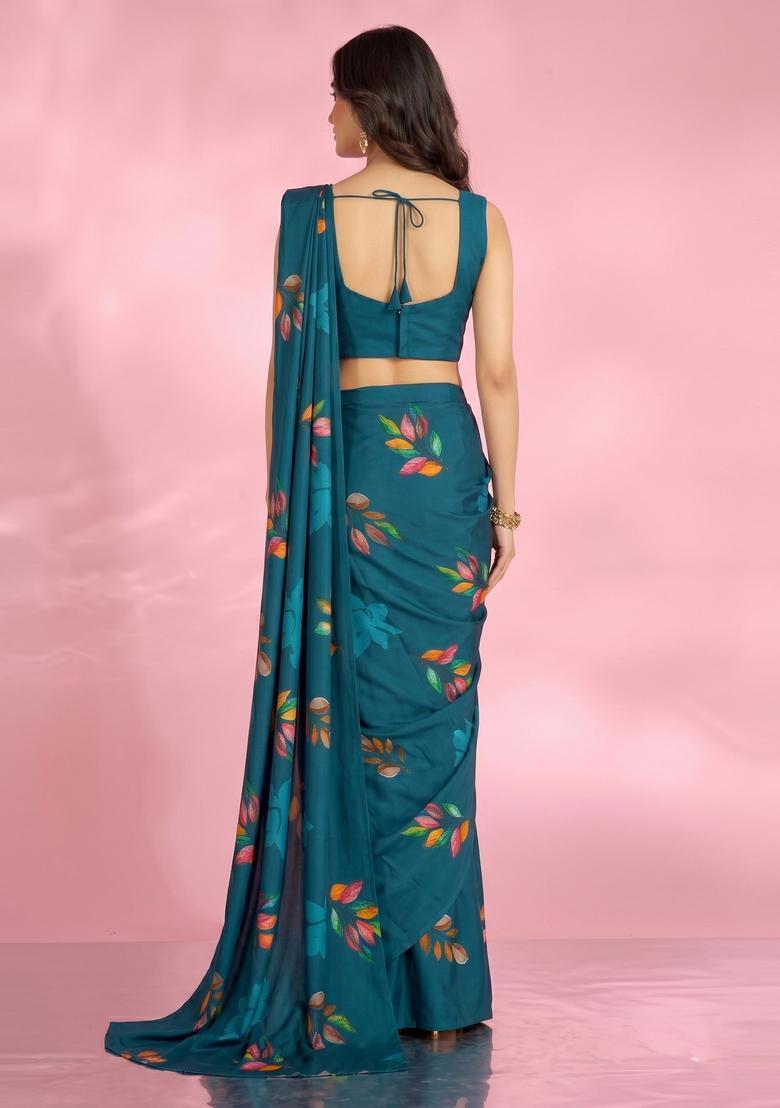 Teal Printed Georgette Pre Draped Saree Set - Indya