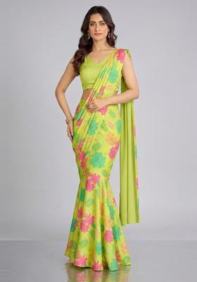 Lime Yellow Printed Georgette Pre Draped Saree Set