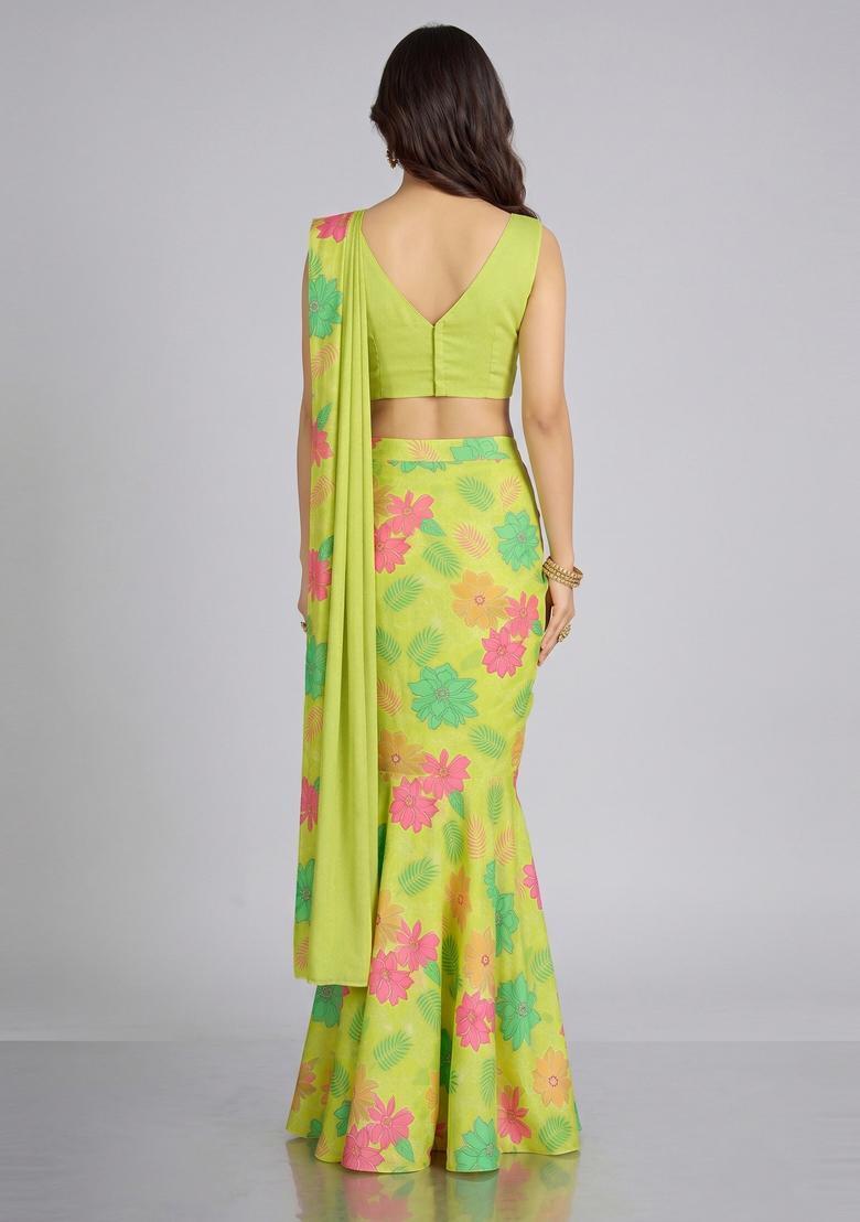 Lime Yellow Printed Georgette Pre Draped Saree Set - Indya