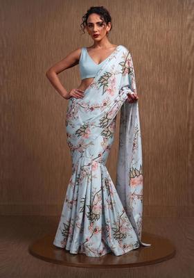 Pastel Blue Printed Georgette Pre Draped Saree Set