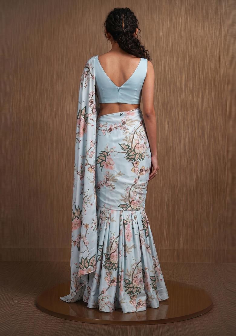 Pastel Blue Printed Georgette Pre Draped Saree Set - Indya