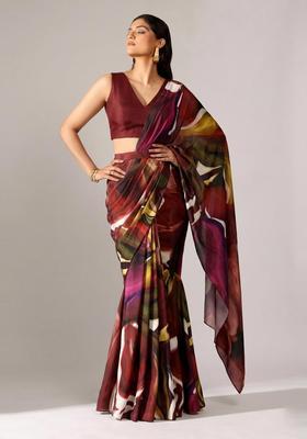 Maroon Printed Georgette Pre Draped Saree Set