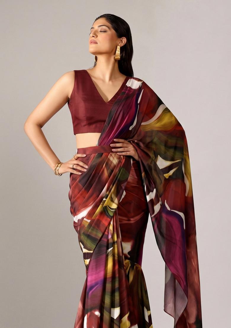 Maroon Printed Georgette Pre Draped Saree Set - Indya