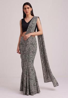 Black Printed Georgette Pre Draped Saree Set